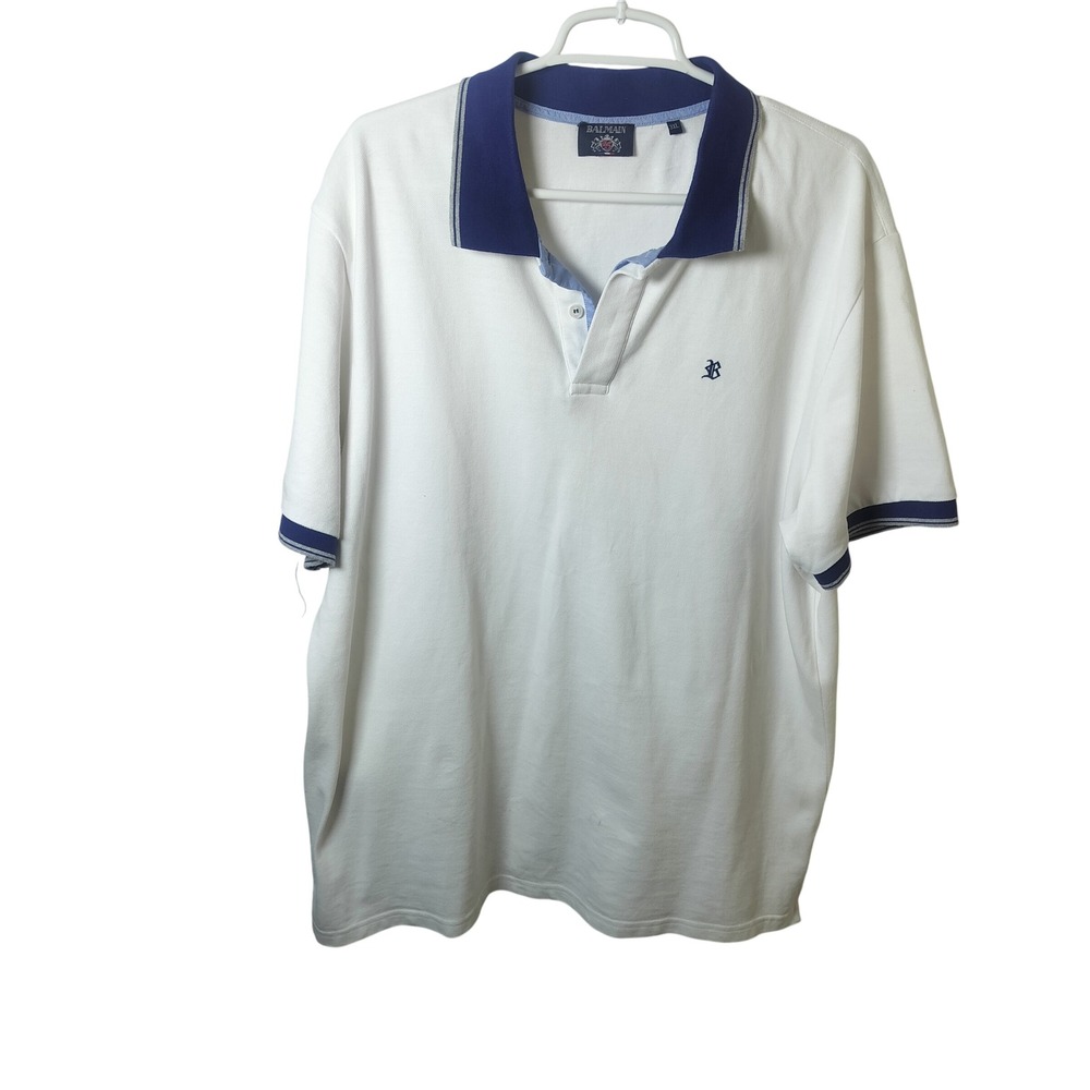 Balmain Paris Mens 3XL White Cotton Pique Polo Shirt Navy Blue Trim Short Sleeve